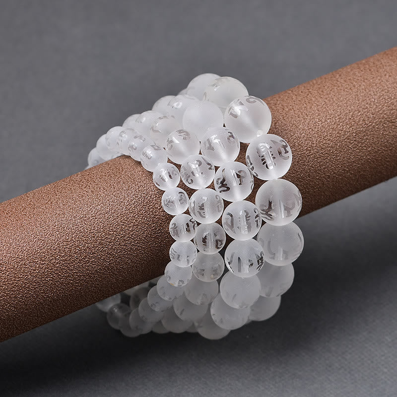 White Crystal Mantra Bracelet – Multi-strand layered beads on leather rod, mirror reflection