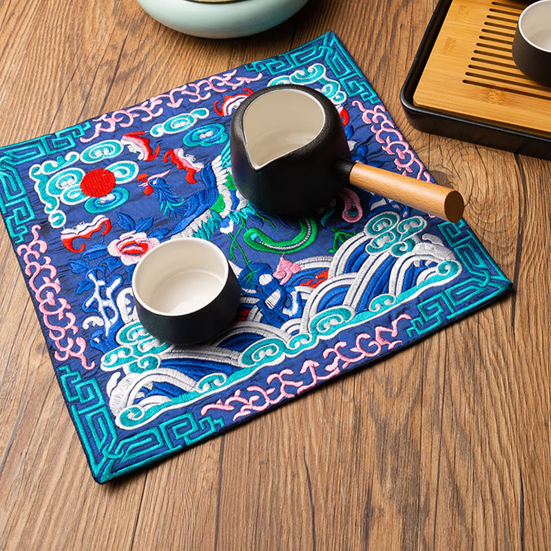 Phoenix Dragon Kirin Embroidery Tea Cup Mat - Navy blue phoenix with tea pot on wood, Traditional Craft