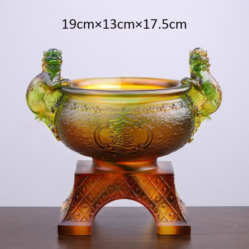 Liuli Crystal PiXiu Bowl – Amber liuli bowl with size dimensions text on light background