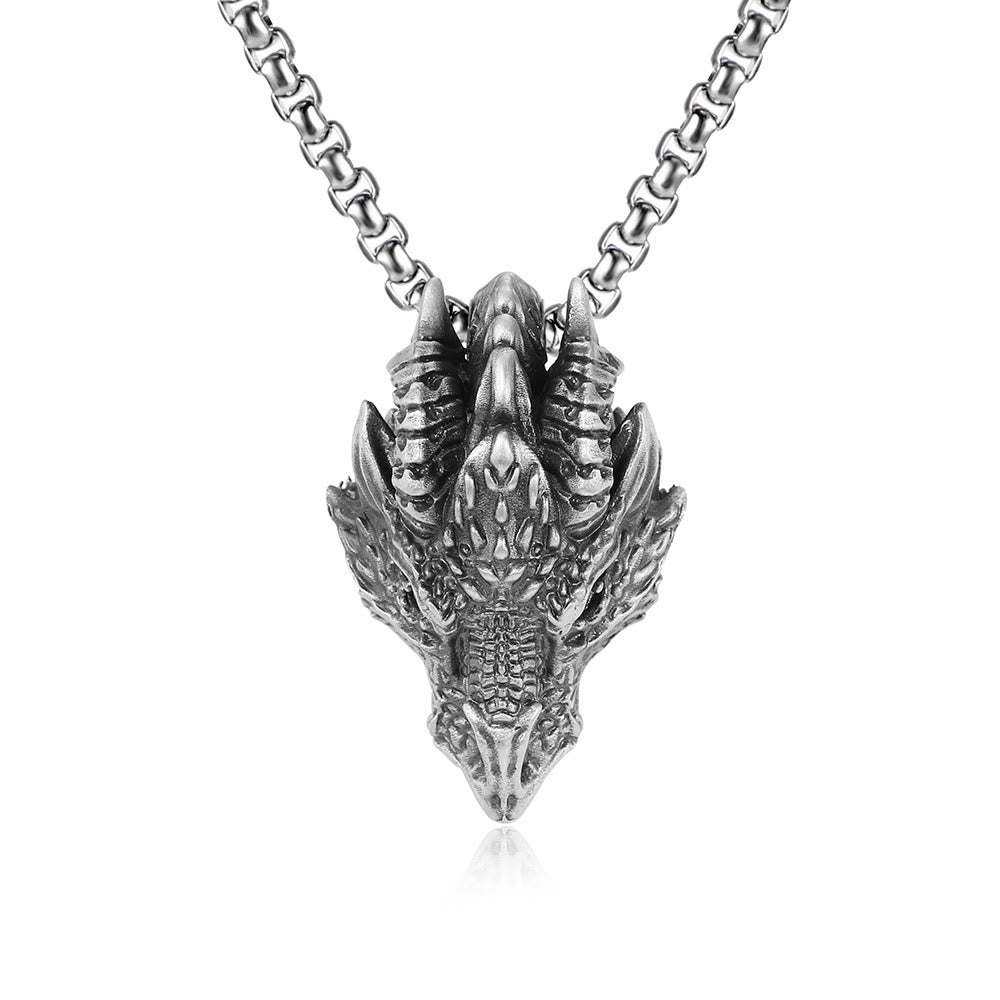 Pure Tin Dragon Head Necklace - Detailed dragon head with horns on white bg, box chain, protective amulet
