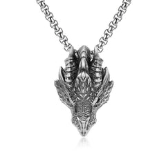Pure Tin Dragon Head Necklace - Detailed dragon head with horns on white bg, box chain, protective amulet