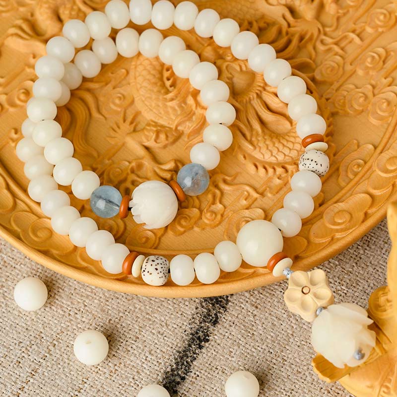 Tibetan White Jade Bodhi Lotus Blessing Bracelet | Enlightenment