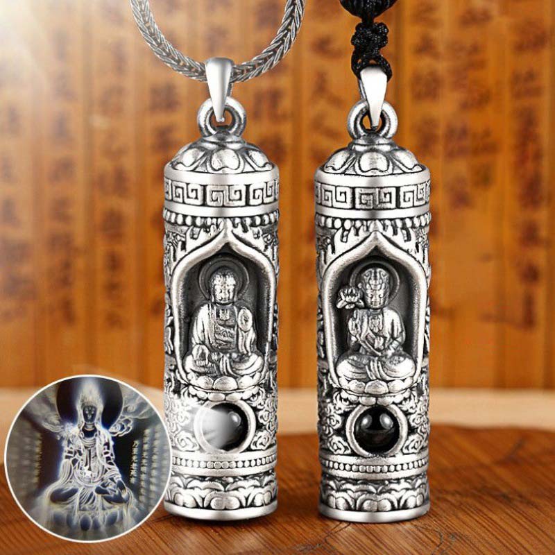 Chinese Zodiac Natal Buddha Projection Necklace – Amitabha and Guanyin pendants with projection glow, dual zodiac set