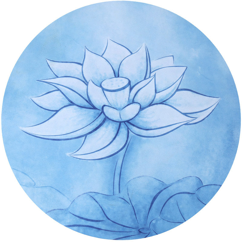 Lotus Mandala Yoga Mat – Round blue watercolor lotus flower art with layered petals, lotus meditation decor