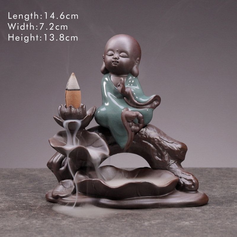 Little Monk Ceramic Incense Burner - Backflow incense burner with meditating monk, lotus design ceramic statue