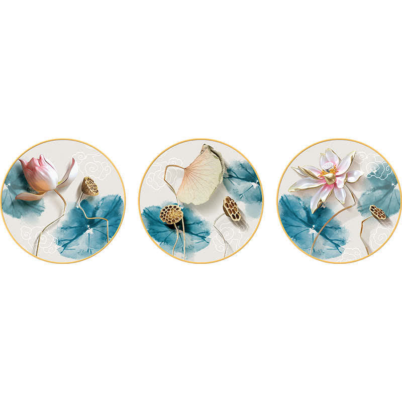 Lotus Flower Wall Art – Three gold-framed round canvases showing bud, seed pod and full bloom, watercolor, zen decor