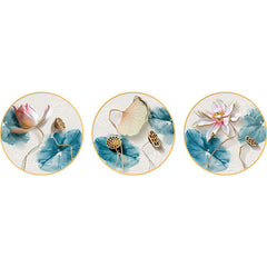 Lotus Flower Wall Art – Three gold-framed round canvases showing bud, seed pod and full bloom, watercolor, zen decor