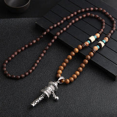 Turquoise Dzi Bead Prayer Wheel Wenge Wood Necklace - Wooden bead mala necklace with antique silver prayer wheel pendant, turquoise spacers, and bell charm detail