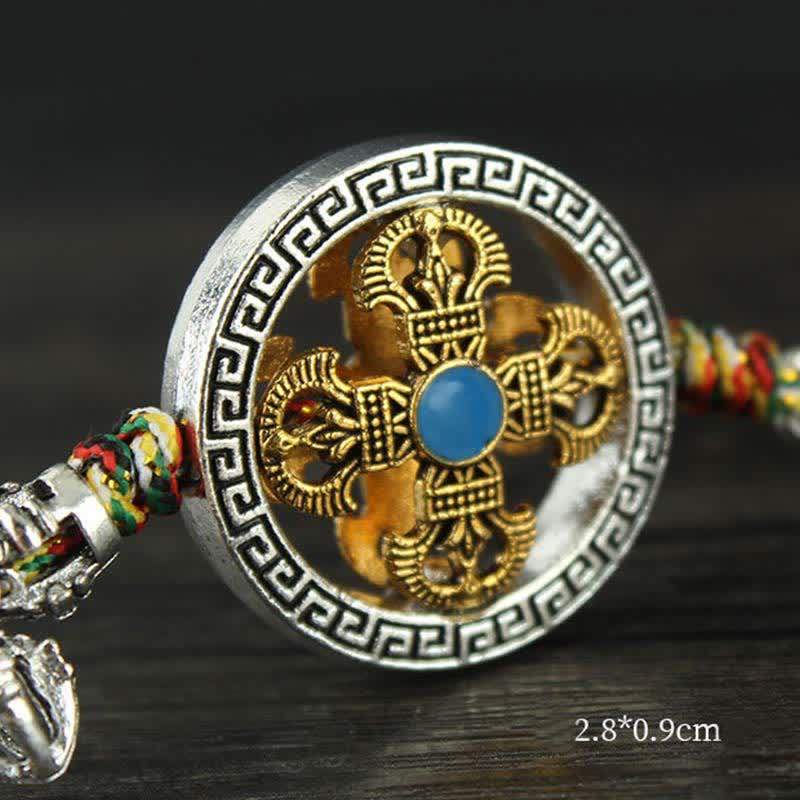 Tibetan Vajra Dorje Car Hanging – Dual-tone vajra medallion with blue stone and prayer cord, Buddhist amulet