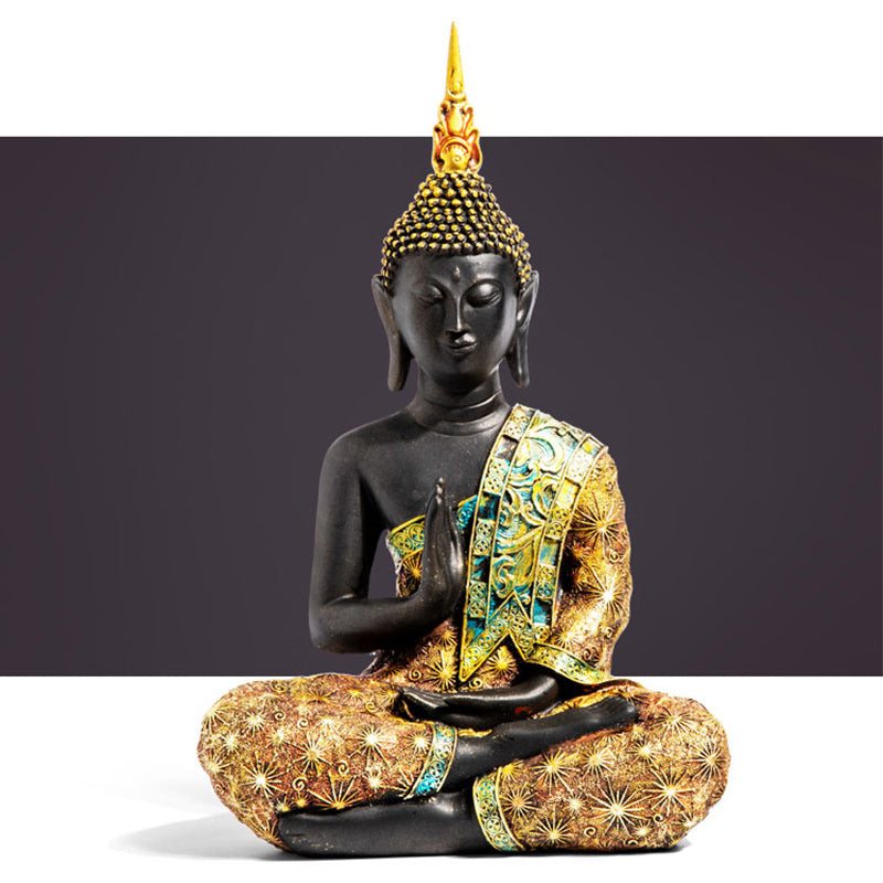 Buddha FengShui Resin Decoration – Thai-style seated Buddha in black and gold, front-view