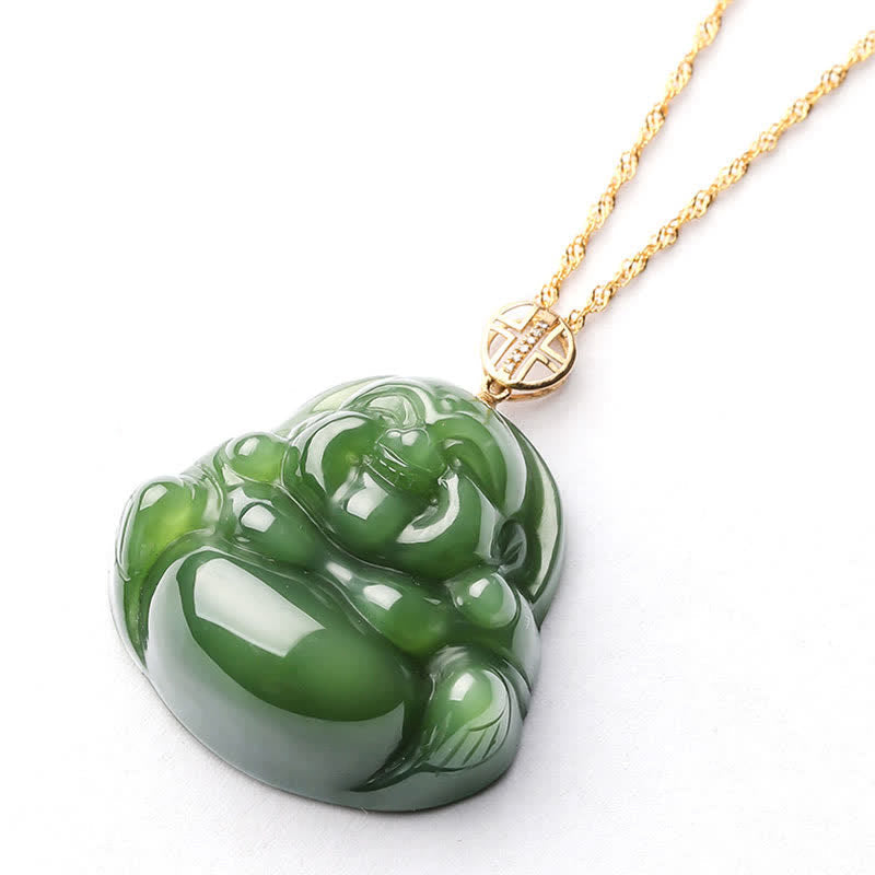 Laughing Buddha Cyan Jade Necklace – handcrafted jade gold artisan pendant, cyan jade buddha craft art