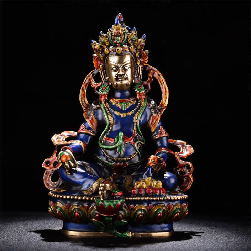 Yellow Jambhala Copper Statue – front view wealth Bodhisattva seated holding mongoose, copper figurine