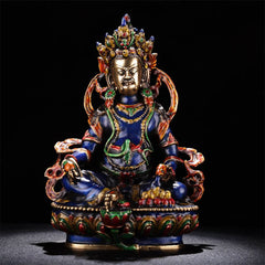 Yellow Jambhala Copper Statue – front view wealth Bodhisattva seated holding mongoose, copper figurine
