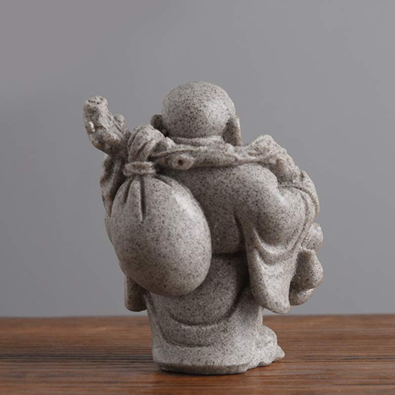 Laughing Buddha Resin Statue - rear angle with prosperity sack on shoulder, gray speckled finish, Mindful