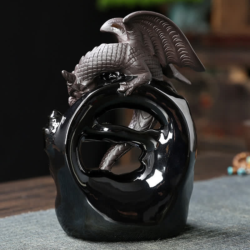 Ceramic Dragon Backflow Incense Burner – matte dragon perched on glossy black circular base, handcrafted