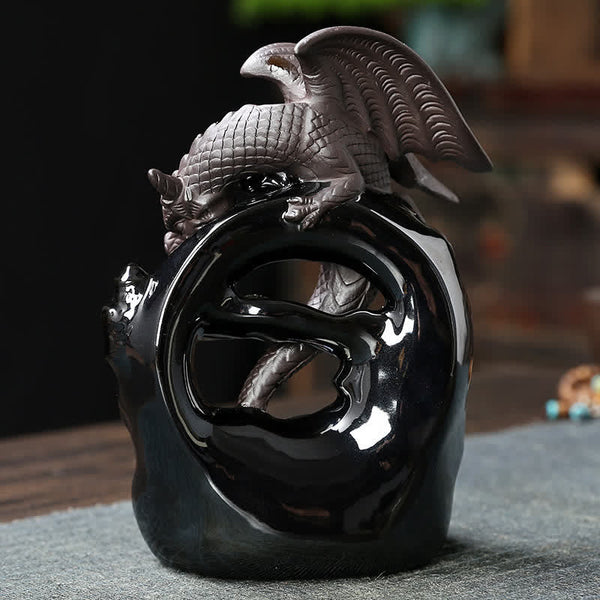 Ceramic Dragon Backflow Incense Burner – matte dragon perched on glossy black circular base, handcrafted