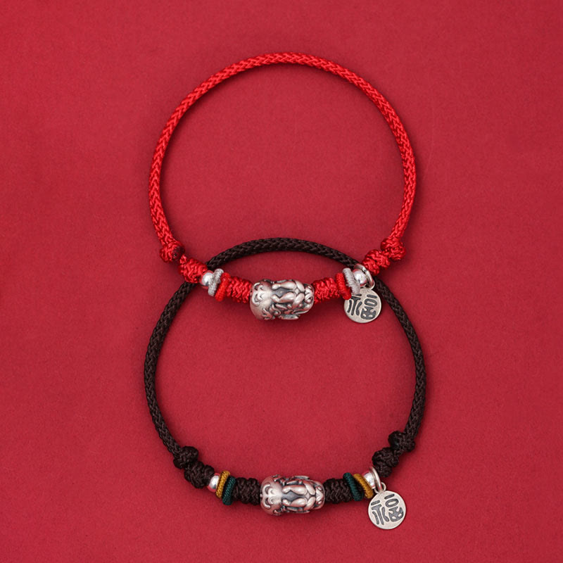 925 Silver PiXiu Fu Bracelet – Red and black bracelets stacked on red background, couple set