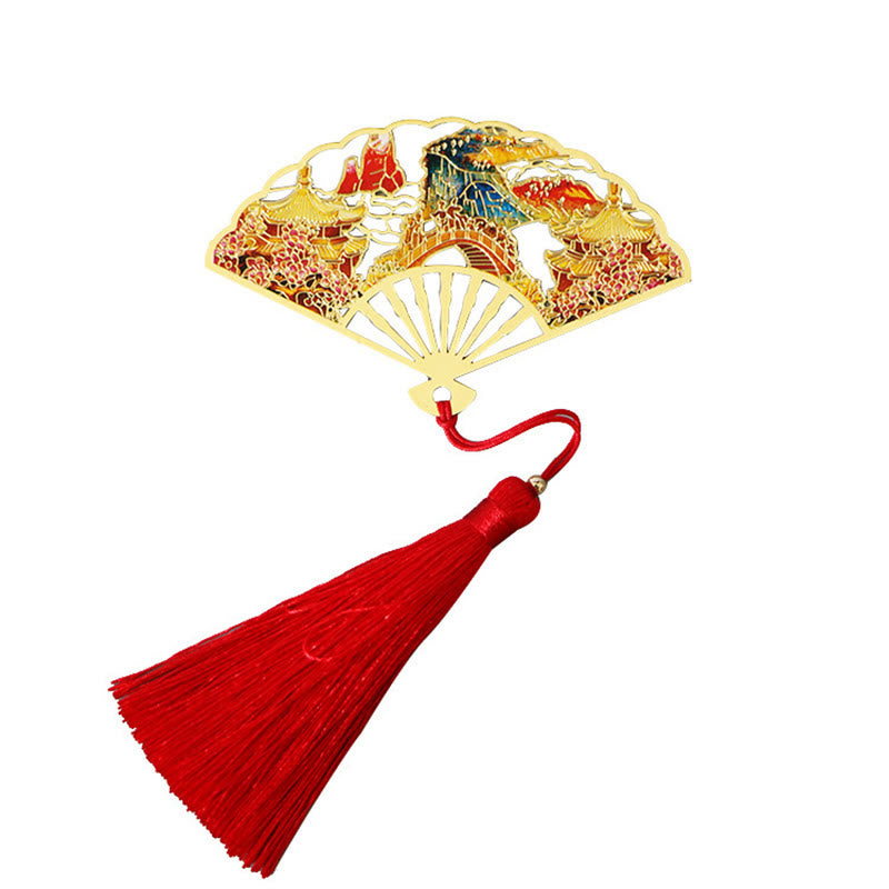 Brass Hollow Fan Bookmark - Temple and bridge cutout with red tassel on white, architectural