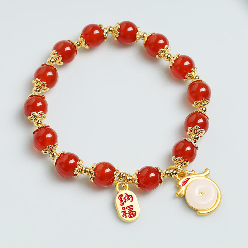 Red Agate Aventurine Dragon Bracelet – Clean white shot of red bead bracelet with rabbit fortune charm, Lucky