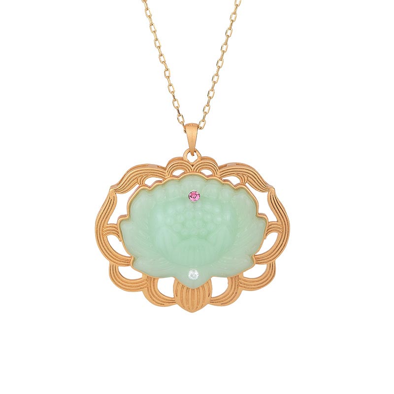 Jade Lotus Harmony Pendant – Front view of carved jade lotus with gold ruyi cloud frame on white background, jade necklace