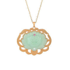 Jade Lotus Harmony Pendant – Front view of carved jade lotus with gold ruyi cloud frame on white background, jade necklace