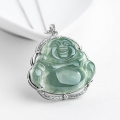 Laughing Buddha Natural Jade Luck Necklace Titanium Steel – Deep green jade Hotei on sleek titanium chain, durable luck
