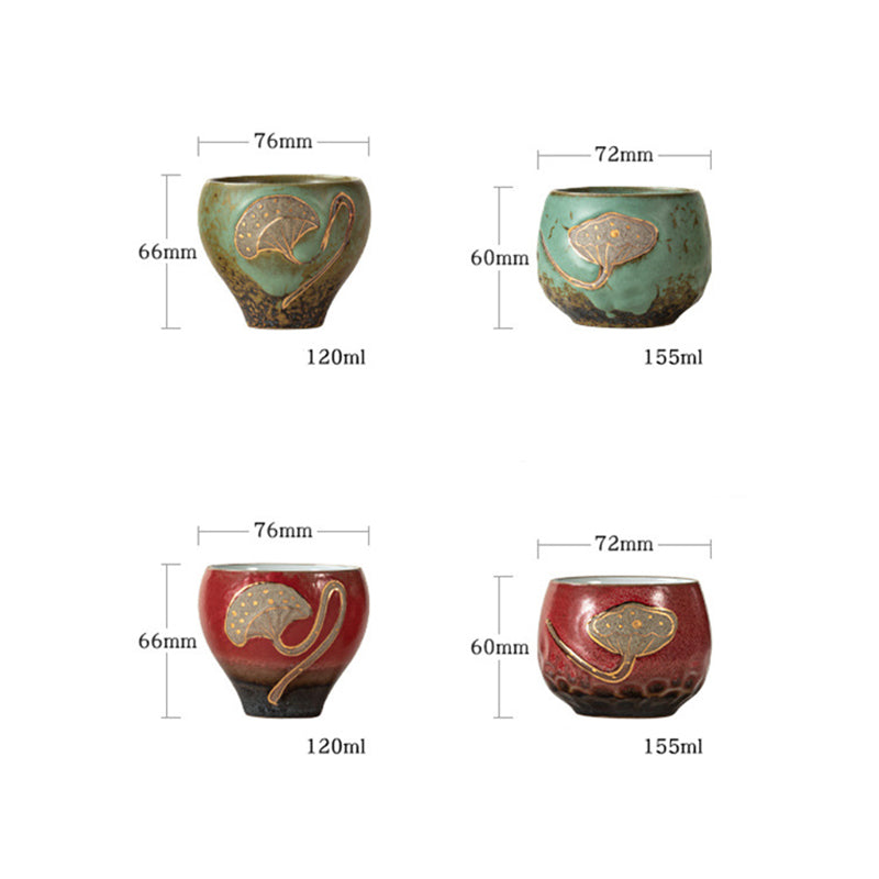 Lotus Pod Ceramic Kung Fu Tea Cup - Four variants in green and red with size specs, collection