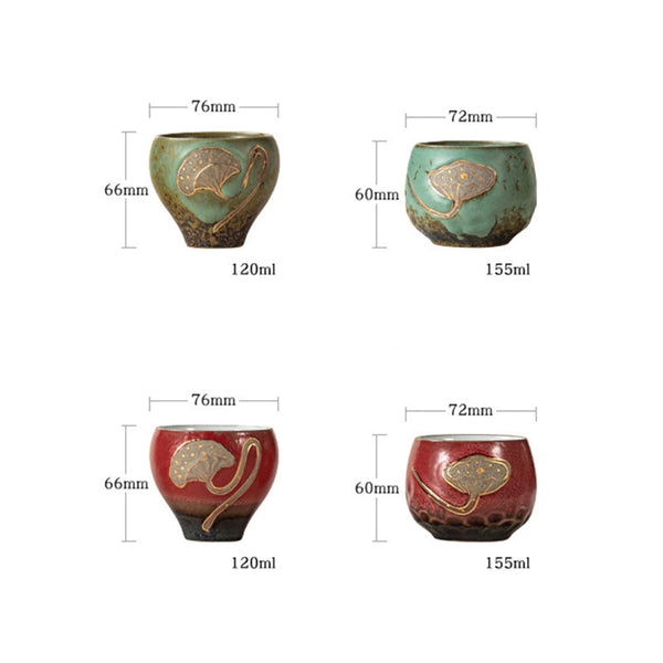 Lotus Pod Ceramic Kung Fu Tea Cup - Four variants in green and red with size specs, collection