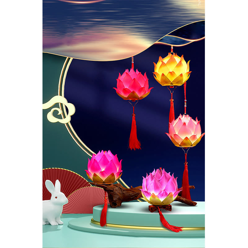 DIY Lotus Dragon Lantern Tassel Lamp – Five lotus lanterns on tiered platform with moon rabbit and fans, Festival display