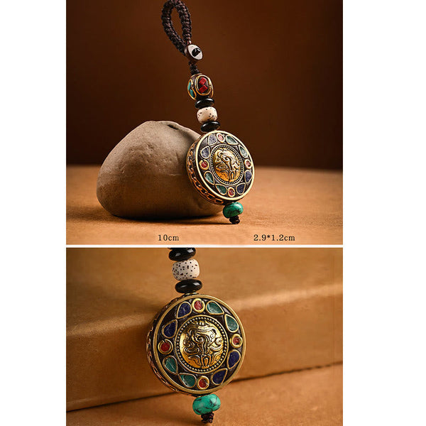 Tibetan Bodhi Seed Peace Key Chain – Brass medallion with mythical creature relief, turquoise coral inlay, ethnic pendant