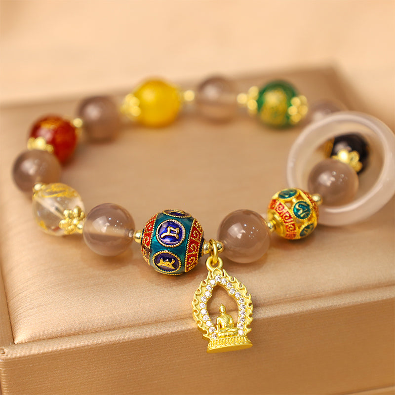 Gray Agate Mani Padme Hum Bracelet - Front view of beaded bracelet with mantra bead, zen