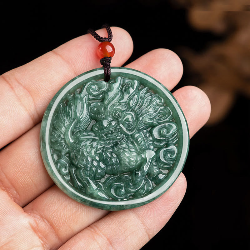 Jade Qilin Necklace – Deep green jade qilin openwork carving on palm with red agate bead, fortune pendant