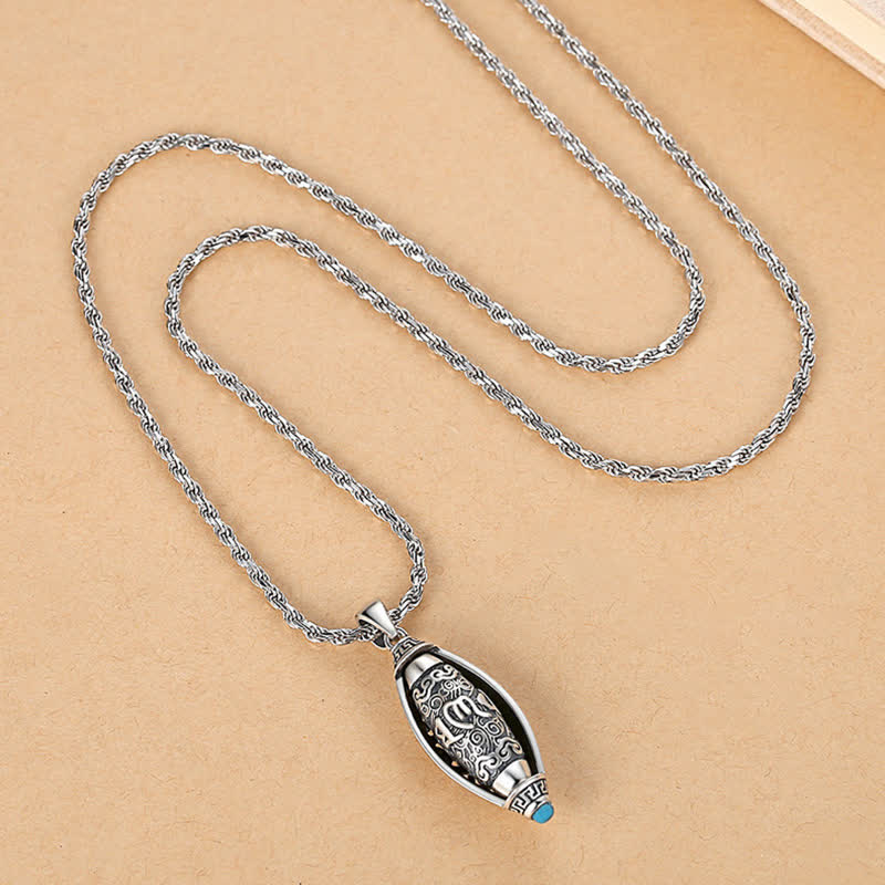 Tibetan Om Mani Padme Hum Pendant Necklace – full chain draped on beige surface, men rope necklace
