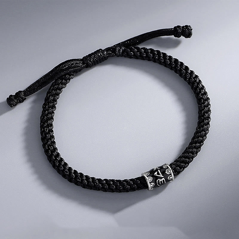 Om Mani Padme Hum Braided Peace Bracelet – top-down showing sliding knot, adjustable bracelet