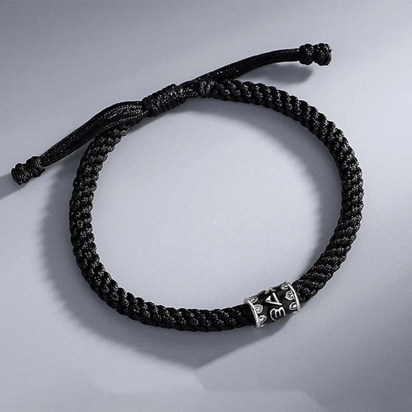 Om Mani Padme Hum Braided Peace Bracelet – top-down showing sliding knot, adjustable bracelet