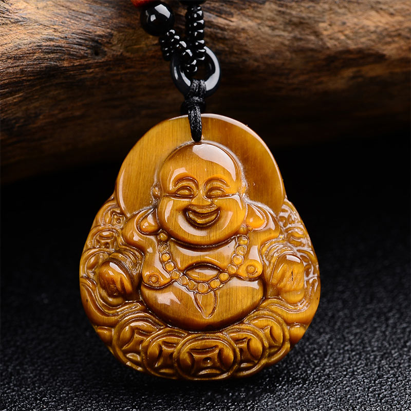 Natural Stone Buddha Success Bracelet – detailed front view of laughing Buddha tiger eye carving, rich amber stripes, dark ba