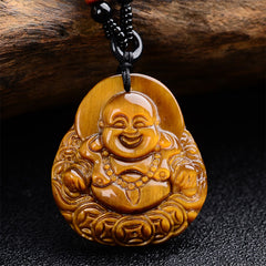 Natural Stone Buddha Success Bracelet – detailed front view of laughing Buddha tiger eye carving, rich amber stripes, dark ba