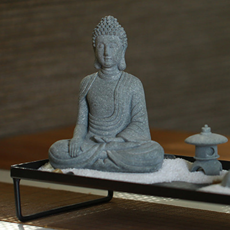 Sitting Meditation Buddha Sandstone Statue – low angle lantern, black tray, earth-touching, art