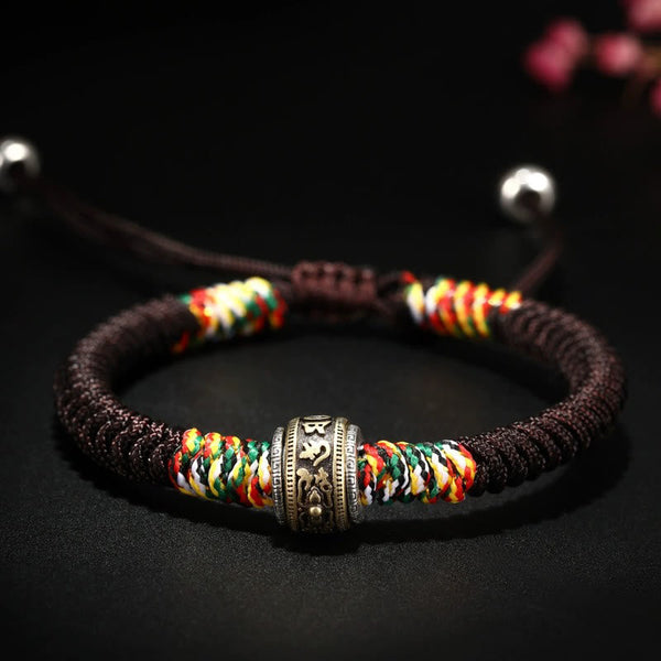 Tibetan Mantra Bracelet – Brown cord with silver mantra bead and five-color knots, unisex spiritual jewelry