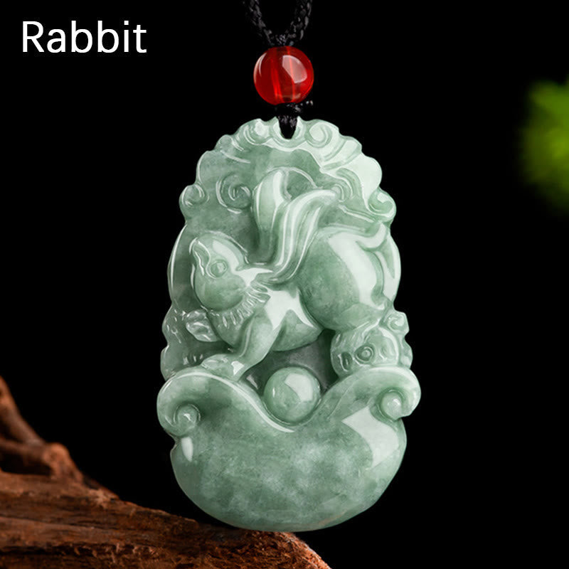 Green Jade Zodiac Necklace - Leaping rabbit pendant with ornate border on black cord, harmony charm