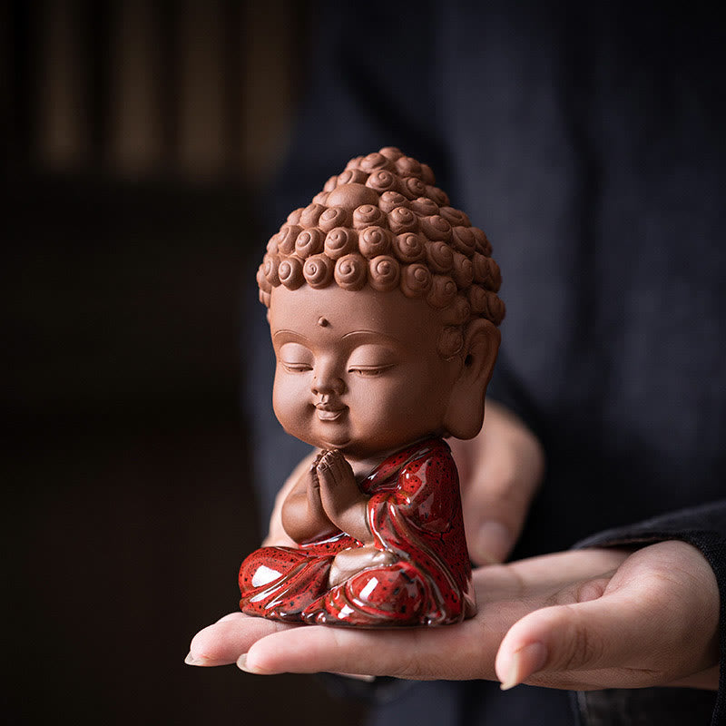 Gautama Kwan Yin Ceramic Set – all three figures on moss stone base, miniature garden display
