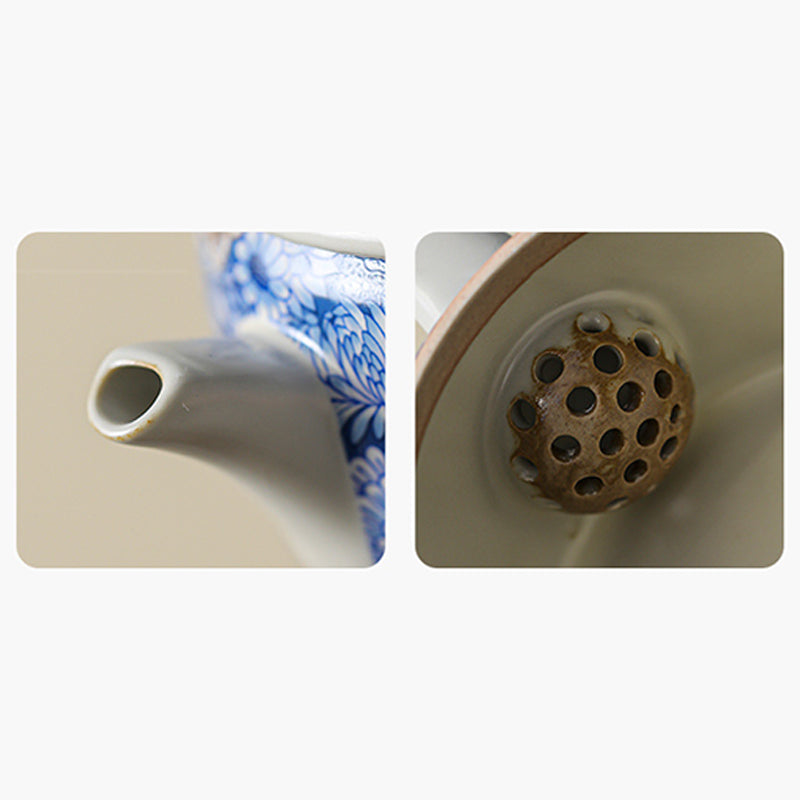 Lotus Chrysanthemum Ceramic Teapot - Spout and built-in ceramic strainer detail, functional design