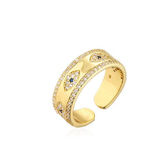 Gold Evil Eye Cuff Ring with Crystal Border on White Background, Adjustable Statement Ring