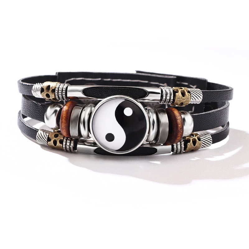 Yin Yang Leather Balance Bracelet - Black white yin-yang with brass skull beads on leather, boho bracelet