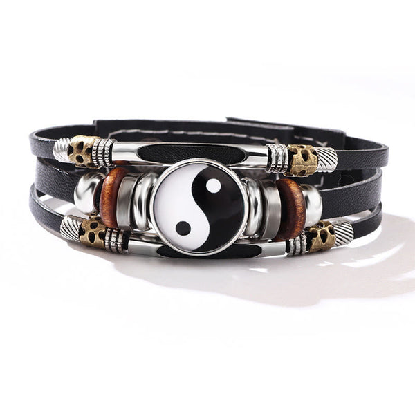 Yin Yang Leather Balance Bracelet - Black white yin-yang with brass skull beads on leather, boho bracelet