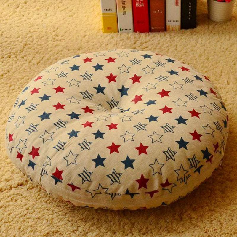 Lotus Linen Meditation Cushion – Navy and red star print on cream shag carpet