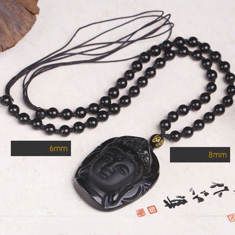 Black Obsidian Avalokitesvara Pendant - 6mm beaded chain with gold Om spacer, adjustable cord, Empowering