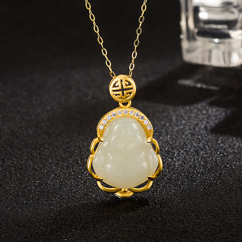 925 Silver Laughing Buddha Necklace – front view, white jade pendant