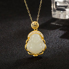 925 Silver Laughing Buddha Necklace – front view, white jade pendant
