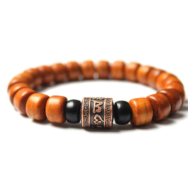 Tibetan Bone Beads Om Mani Padme Hum Bracelet – wood beads with copper mantra focal on white, Buddhist prayer bracelet